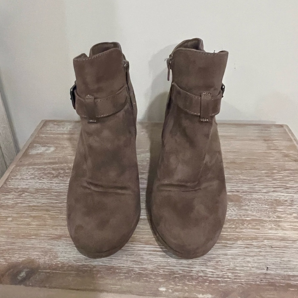 Tan suede booties. I’m moving abroad so I’m downsizing my closet!